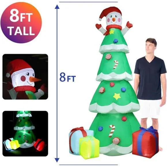 8 FT Christmas Inflatables Tree with Snowman and 3 Gift Boxes, LED Lights